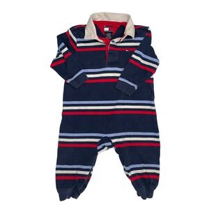 Tommy Hilfiger Baby Boy Rugby Stripe Romper Navy Red 12-18 Months Long Sleeve